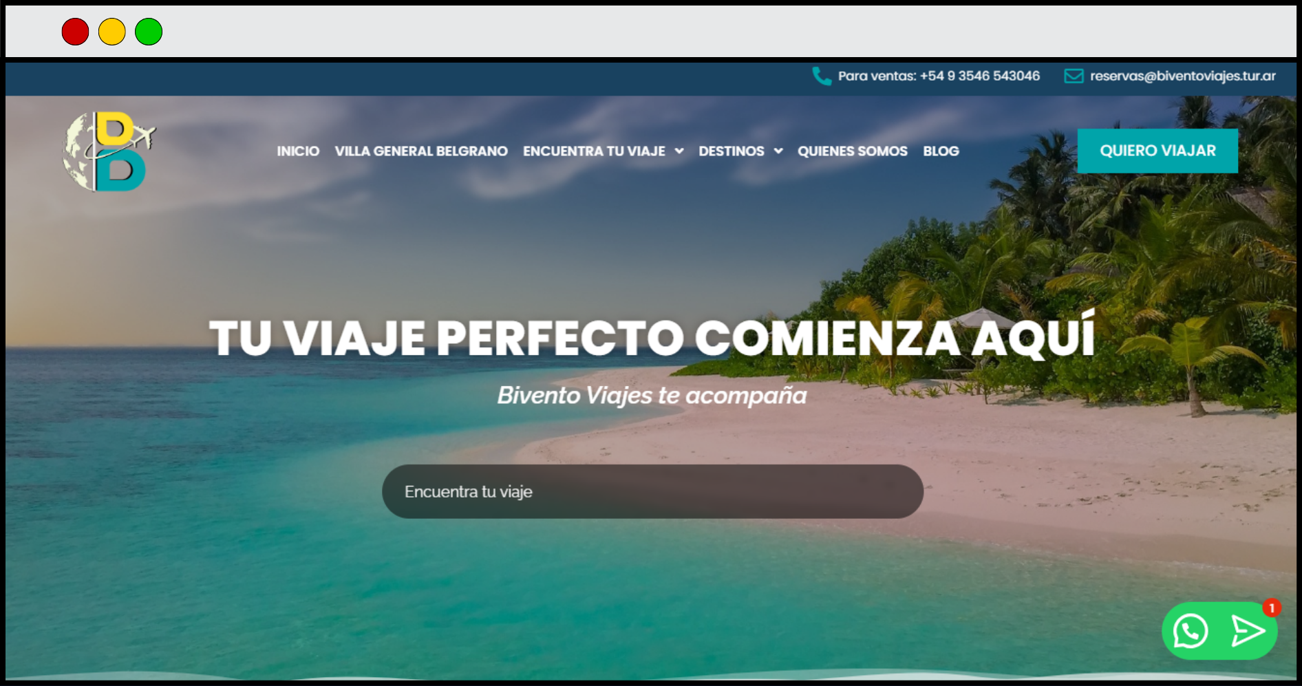 Portada de Página Web de Bivento Viajes